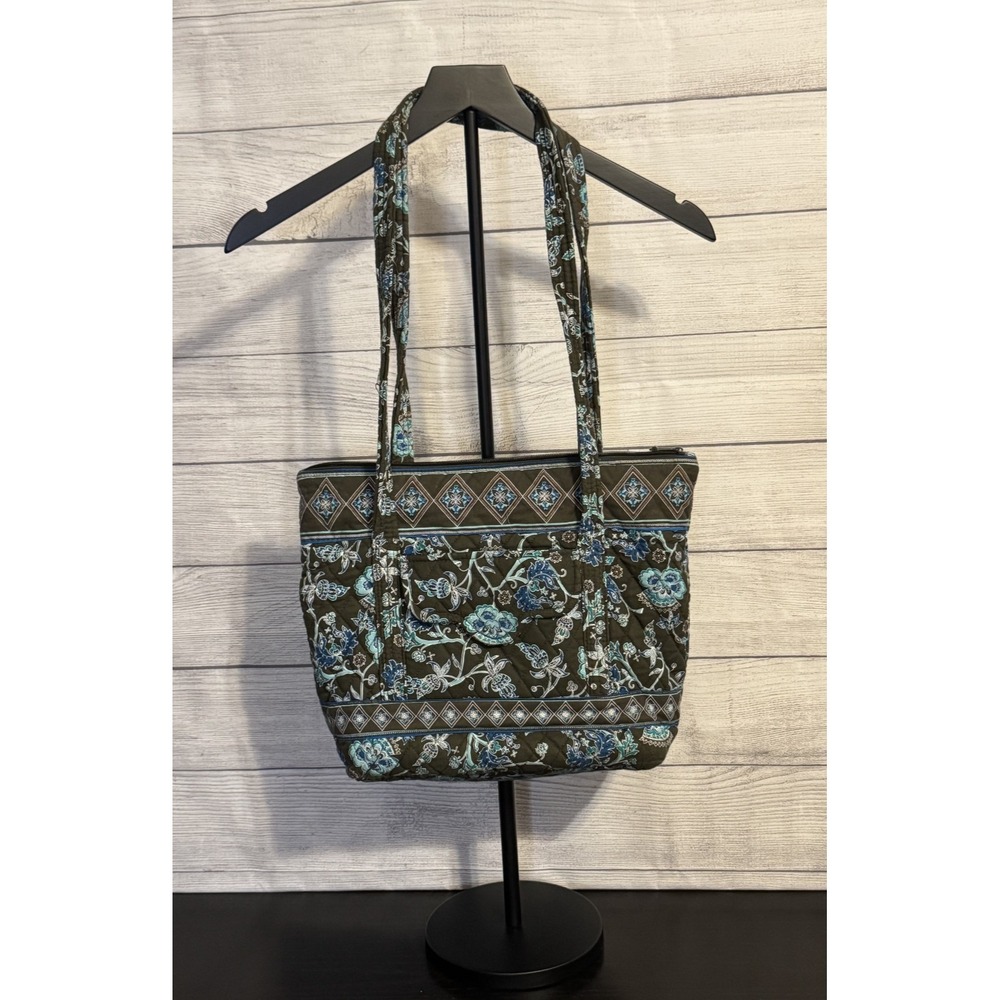 Tanya Lee Quilted Floral Shoulder Tote Bag Brown Blue Green Zip Top Large